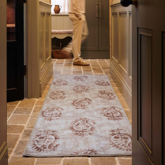 Woodblock Paisley Rust Eco-Washable Rug Runner- 100% recycled content runner featuring a rust paisley pattern.