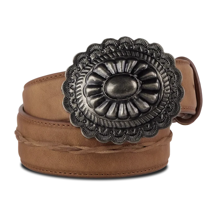 Woven belt with turquoise buckle in desert clay color