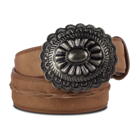 Woven belt with turquoise buckle in desert clay color