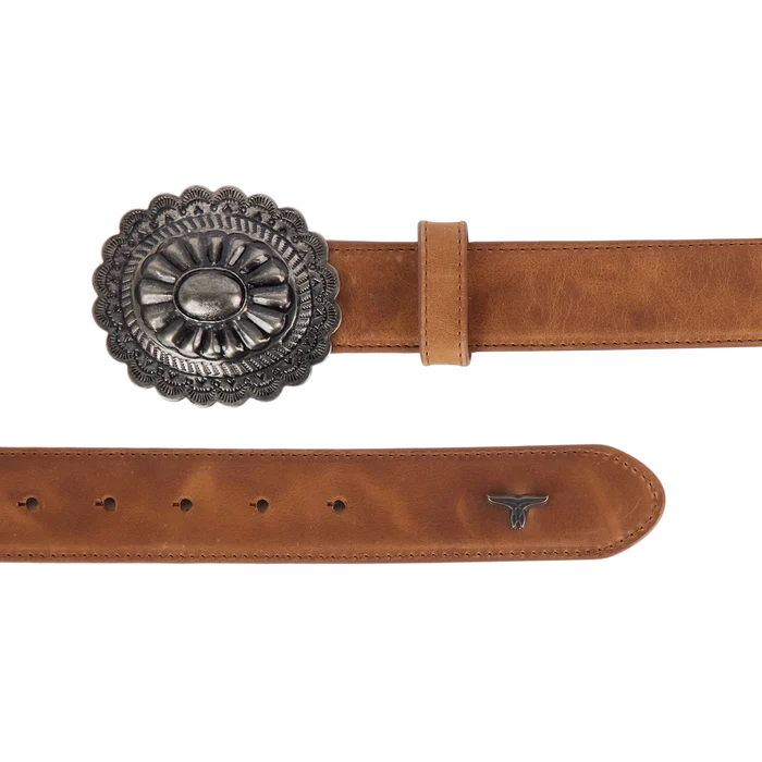Woven belt with turquoise buckle in desert clay color