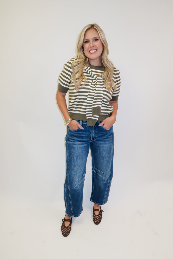Wrapped in Style Olive Stripe Knit Top - The Pink Tulip Clothing