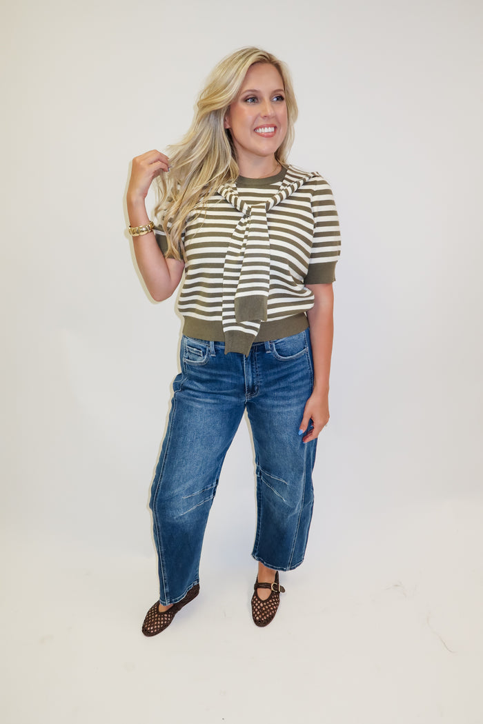 Wrapped in Style Olive Stripe Knit Top - The Pink Tulip Clothing