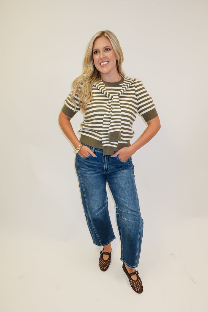 Wrapped in Style Olive Stripe Knit Top - The Pink Tulip Clothing