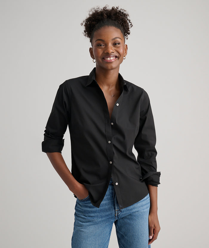 Model is wearing UNTUCKit bella shirt in black.