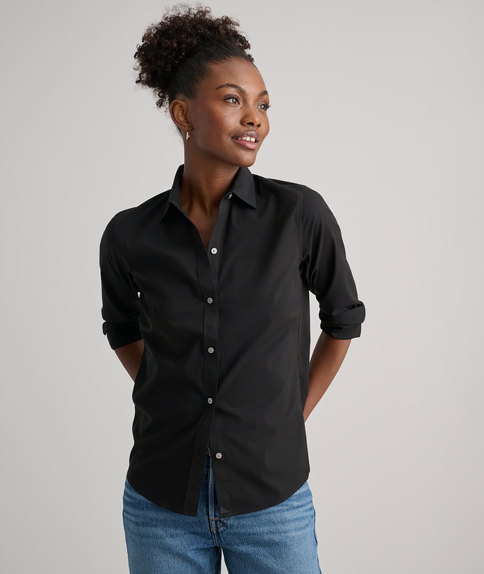 Model is wearing UNTUCKit bella shirt in black.