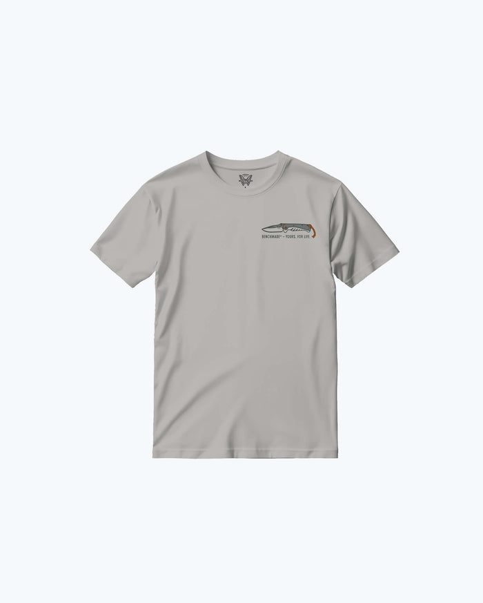 Gray Cotton Yours For Life SS Tee - Front View with Mini Adira Chest Graphic | Benchmade Knife Co.