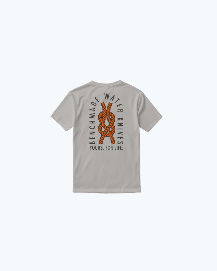 Gray Yours For Life SS Tee - Back View with Water Knives Rope Knot Graphic | Benchmade Knife Co.