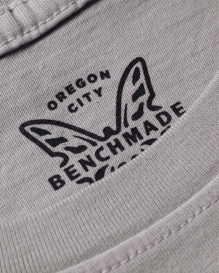 Gray Cotton Tee - Interior Neck Label Detail Oregon City Benchmade Butterfly Logo | Benchmade Knife Co.