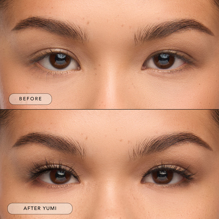 Before and after of a model wearing Yumi lashes.