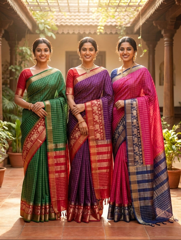 Zari checked crepe silk saree comes with blouse