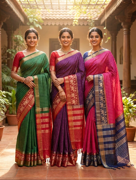 Zari checked crepe silk saree comes with blouse