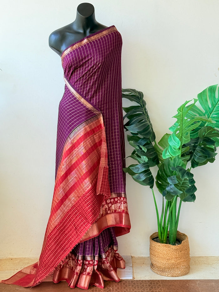 Zari checked crepe silk saree comes with blouse