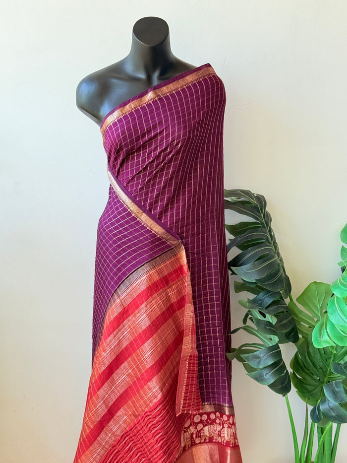 Zari checked crepe silk saree comes with blouse